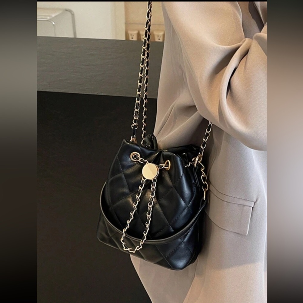 Black Quilted Bucket Crossbody Bag - Picture 7 of 9